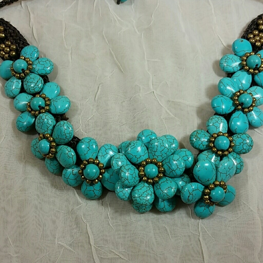 Artisan Turquoise Magnesite Bead Floral Brown Macrame Necklace Handmade Boho